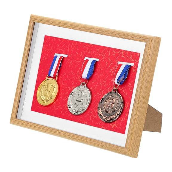 Uxcell Medal Display Case, 3 Medal Resin Display Frame Shadow Box Sports Medal, Red Base Poplar