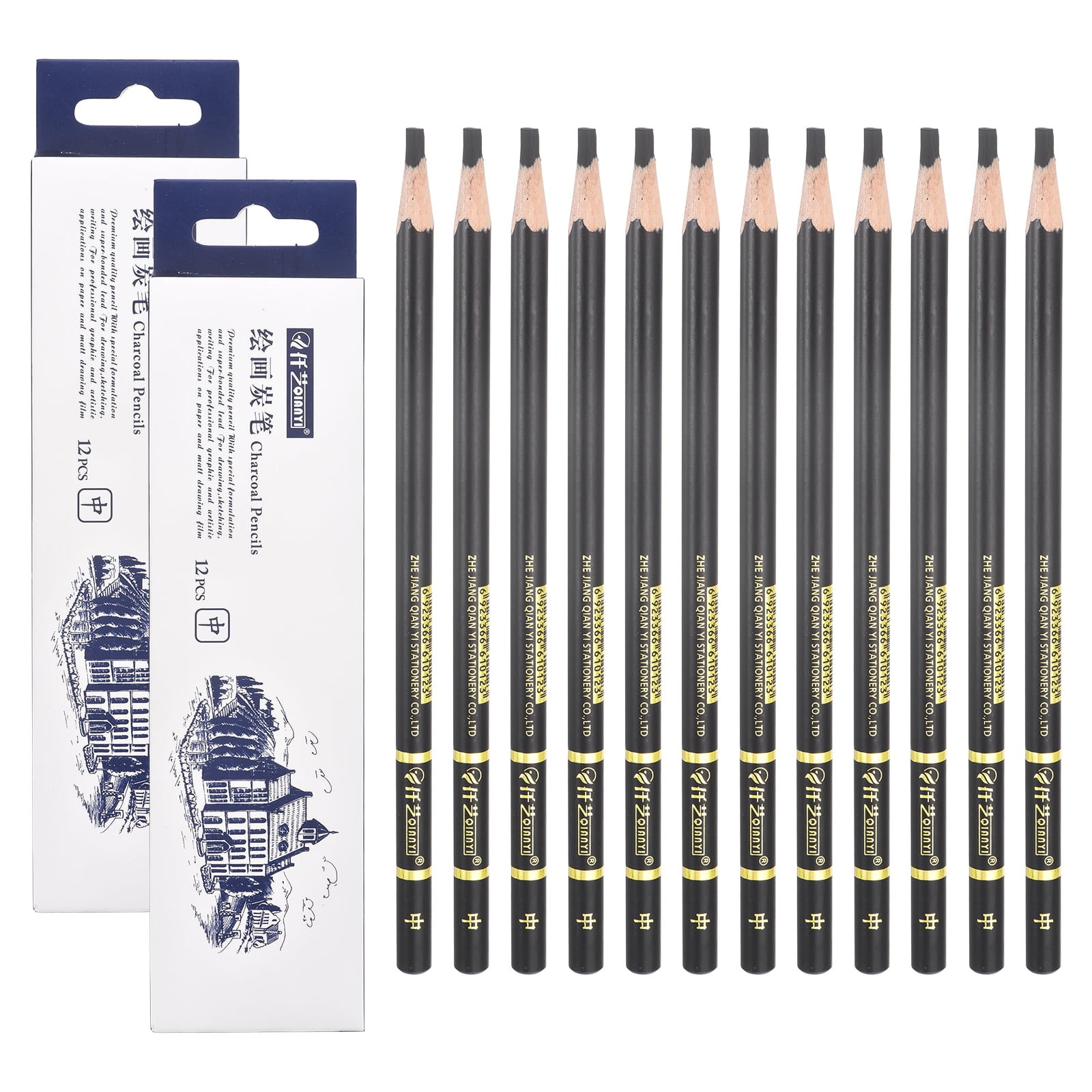 Uxcell Medium Charcoal Pencils for Drawing, 24Pcs Professional Charcoal Pencils Art Supplies Set Oily Black Break-Resistant for Sketching Artists Beginners Shading Blending