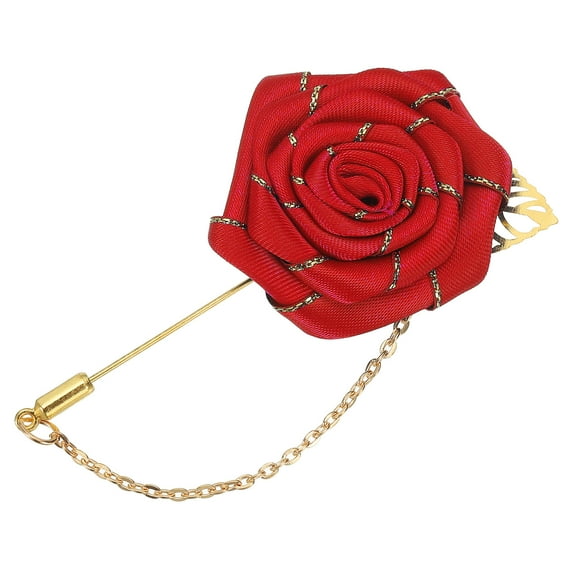 Uxcell Men Cloth Gold Trim Rose Flower Pin, Suit Lapel Stick, Handmade Boutonnieres, Deep Red 1 Pcs
