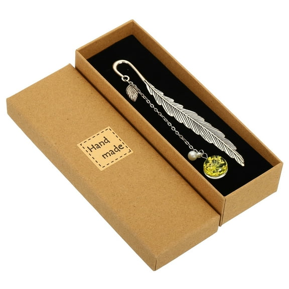 Uxcell Metal Feather Bookmarks Book Marks Page Markers Gift Box Packaging White Pendant, Yellow