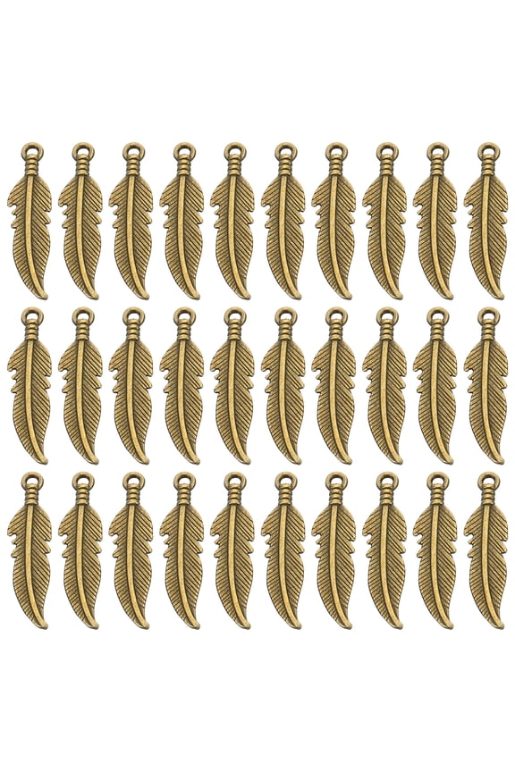 Metal Pendants Drops, 100 Pack Feather Shape Mini Pendant for Jewelry Making DIY, Bronze