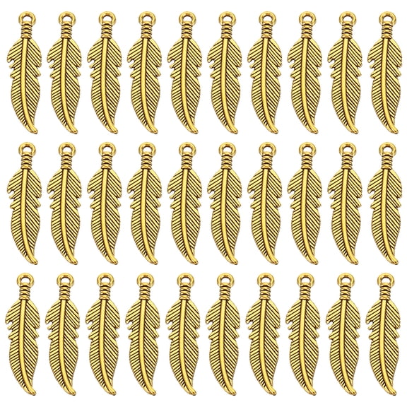 Uxcell Metal Pendants Drops, 100 Pack Feather Shape Mini Pendant for Jewelry Making DIY, Dark Golden
