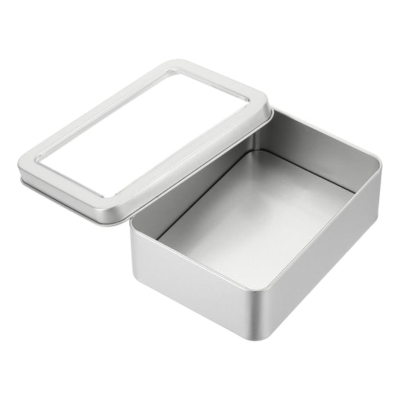 Uxcell Metal Tin Box, 5.1"x3.7" Silver Rectangular Empty Tinplate Containers with Lids Window Tinplate Storage Case