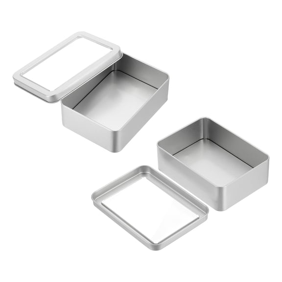 2 Pcs Metal Tin Box, 5.1 x 3.7 x 1.6 Inch Rectangular Storage Tin Box with Lid Portable Tinplate Container with Window for Home Organizer Crafts Gifts Keys Cookies Cards Storage