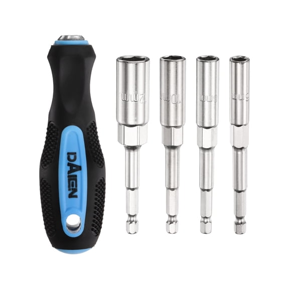 Uxcell Metric Nut Driver 6mm/8mm/10mm/12mm CR-V Non-Magnetic Detachable Tip Hollow Shafts Hex Socket Screwdriver with Anti-Slip Handle for Automobile Repair Bit Driver, Blue/Black