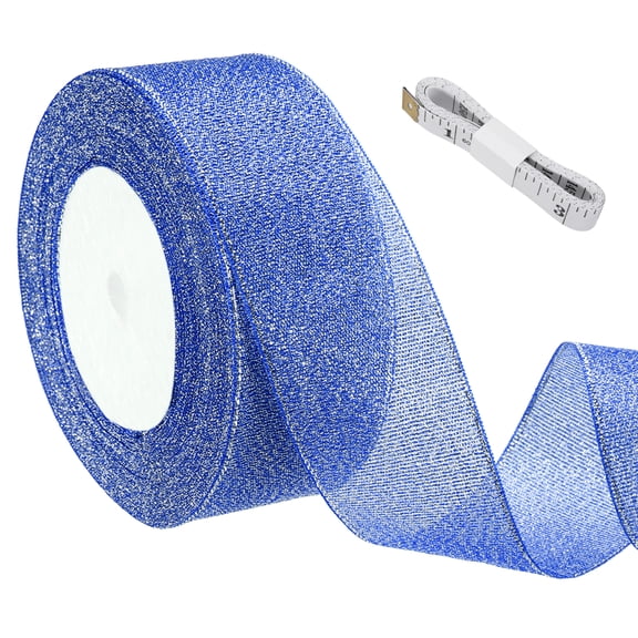 Uxcell Middle Blue Glitter Ribbon (25 Yards, 1-4/7" Wide) with Silver Thread Sparkly Metallic Fabric Ribbons - Sparkly Practical, for Gift Wrapping Balloons Crafts DIY Decor Holiday