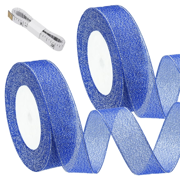 Uxcell Middle Blue Glitter Ribbon (25 Yards, 1" Wide) with Silver Thread Sparkly Metallic Fabric Ribbons - Sparkly Practical, for Gift Wrapping Balloons Crafts DIY Decor Holiday