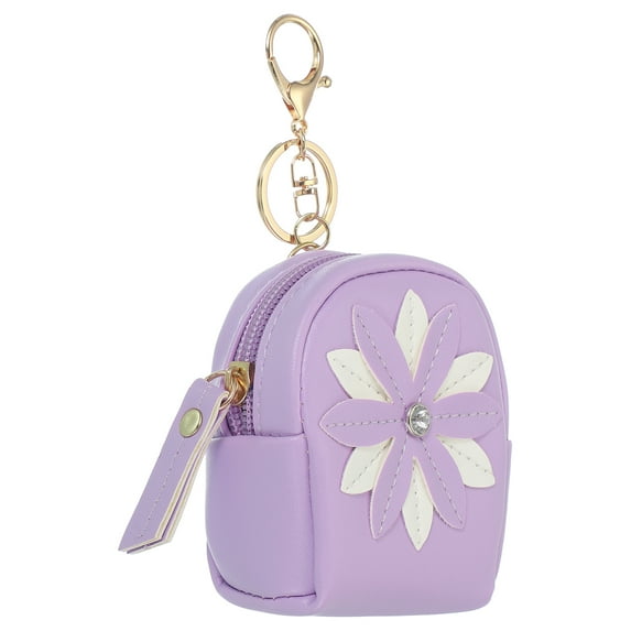Uxcell Mini Backpack Keychain for Women, Cute Flower Rhinestone Pendant Bag PU Leather Purple