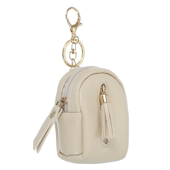Uxcell Mini Backpack Keychain for Women, PU Leather Cute Cosmetic Bag Coin Purse Creative Keychains with Tassel for Makeup Key Card Beige