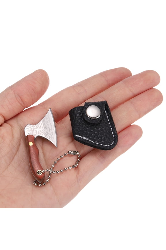 Mini Chef Pocket Knife 1.1 Inch Stainless Steel Hatchet+Tiny Axe Knife Tiny Butcher Cleaver Keychain with Sheath Brown Handle Chain for Box Cutter Package Bottle, Silver Pattern