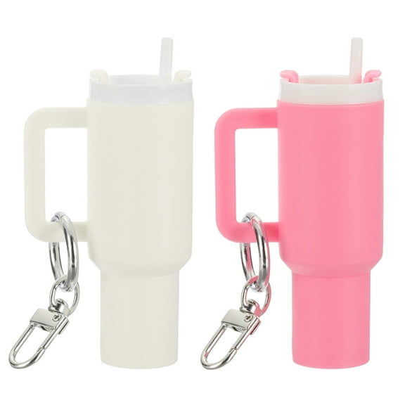 Uxcell Mini Cup Keychain, Lip Balm Holder Mini Tumbler Key Chain Decor Keychain Charm for Backpack Handbag Purse Pink, White
