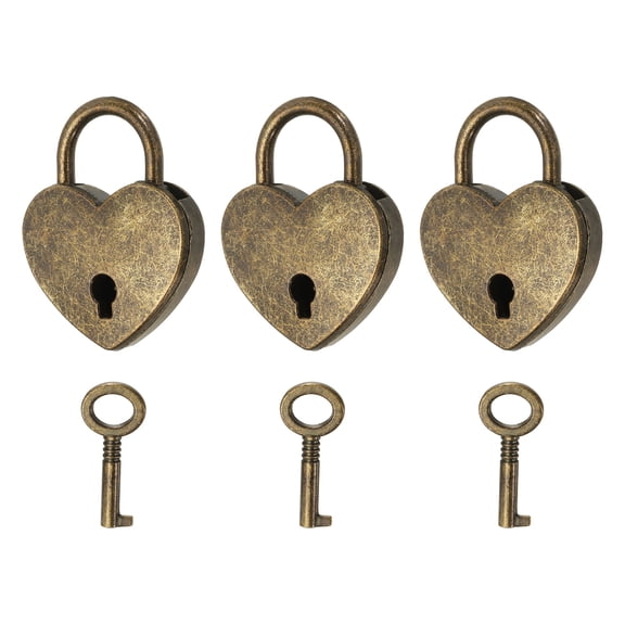 Uxcell Mini Heart Lock with Key, (1.2"x1.5", Bronze) (3 Pcs), Heart Shaped Padlock Metal Love Locks, Suit for - Lover Bridge/Anniversary/Diary Book/Handbag/Jewelry Box