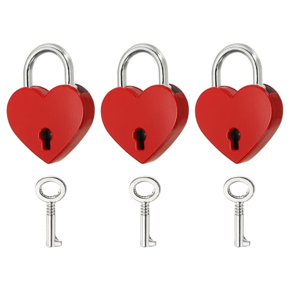 Uxcell Mini Heart Lock with Key, (1.2"x1.5", Red) (3 Pcs), Heart Shaped Padlock Metal Love Locks, Suit for - Lover Bridge/Anniversary/Diary Book/Handbag/Jewelry Box