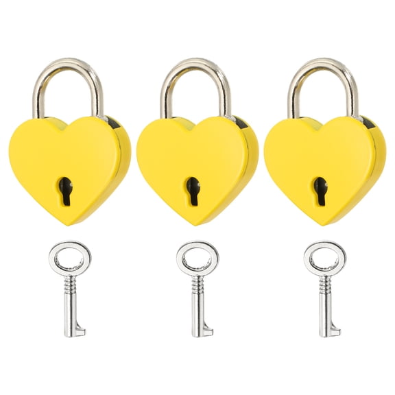 Uxcell Mini Heart Lock with Key, (1.2"x1.5", Yellow) (3 Pcs), Heart Shaped Padlock Metal Love Locks, Suit for - Lover Bridge/Anniversary/Diary Book/Handbag/Jewelry Box