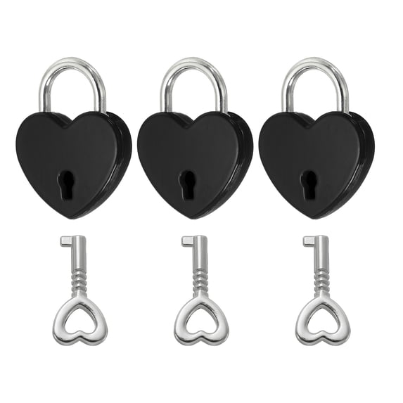 Uxcell Mini Heart Lock with Key, (1"x1.2", Black) (3 Pcs), Heart Shaped Padlock Metal Love Locks, Suit for - Lover Bridge/Anniversary/Diary Book/Handbag/Jewelry Box