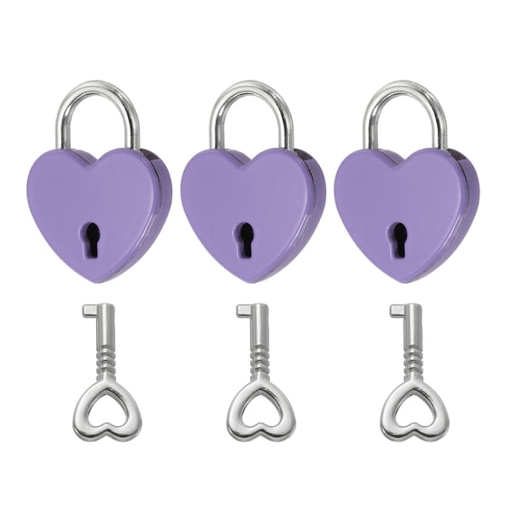 Uxcell Mini Heart Lock with Key, (1"x1.2", Purple) (3 Pcs), Heart Shaped Padlock Metal Love Locks, Suit for - Lover Bridge/Anniversary/Diary Book/Handbag/Jewelry Box