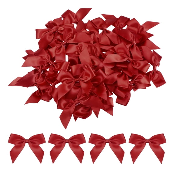 Uxcell Mini Ribbon Bow 2.5"x2" 50Pcs Mini Fabric Satin Ribbon Flower Bows Craft DIY Sewing Wedding Bows Deep Red