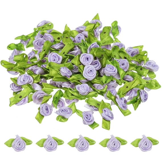 Uxcell Mini Ribbon Roses, 200Pcs Satin Fabric Flowers with Green Leaves Rosettes Applique for Craft Wedding Light Purple