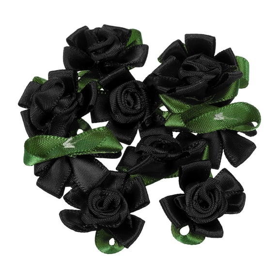 Uxcell Mini Satin Ribbon Roses Small Rosettes Fabric Flowers with Green Leaves Black 20 Pcs
