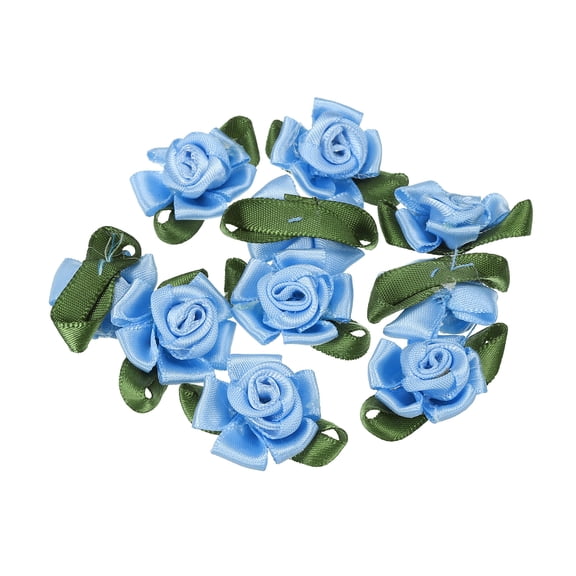 Uxcell Mini Satin Ribbon Roses Small Rosettes Fabric Flowers with Green Leaves Blue 20 Pcs