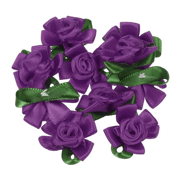 Uxcell Mini Satin Ribbon Roses Small Rosettes Fabric Flowers with Green Leaves Dark Purple 10 Pcs