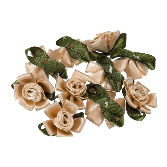 Uxcell Mini Satin Ribbon Roses Small Rosettes Fabric Flowers with Green Leaves Khaki 30 Pcs