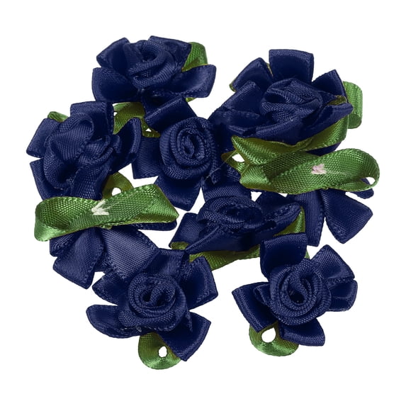 Uxcell Mini Satin Ribbon Roses Small Rosettes Fabric Flowers with Green Leaves Navy Blue 10 Pcs