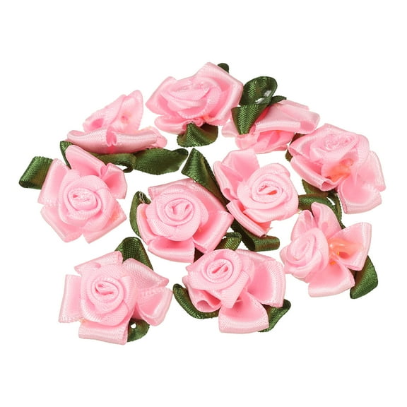 Uxcell Mini Satin Ribbon Roses Small Rosettes Fabric Flowers with Green Leaves Pink 30 Pcs