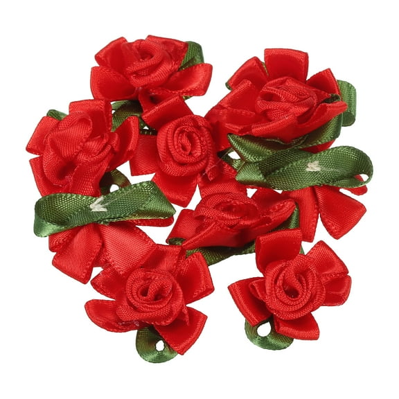 Uxcell Mini Satin Ribbon Roses Small Rosettes Fabric Flowers with Green Leaves Red 10 Pcs