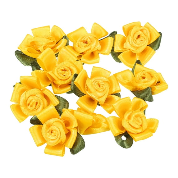 Uxcell Mini Satin Ribbon Roses Small Rosettes Fabric Flowers with Green Leaves Yellow 30 Pcs