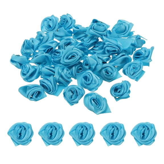 Uxcell Mini Satin Ribbon Roses Tiny Fabric Flowers Embellishments Rosettes Applique Blue 50 Pcs