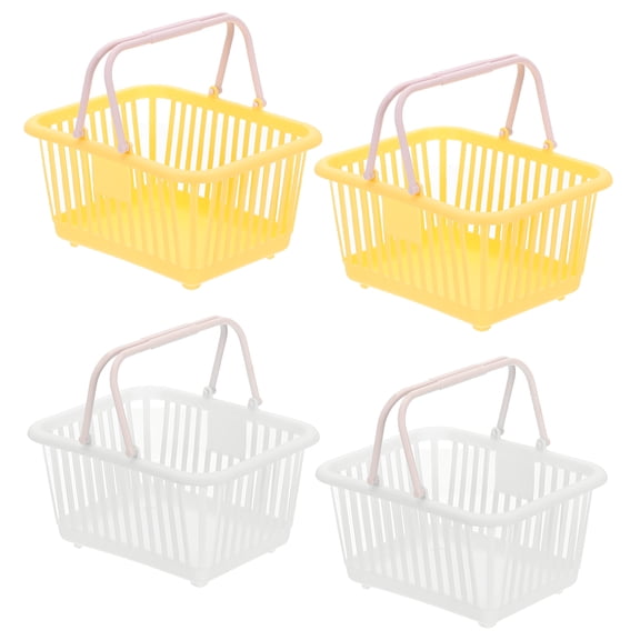 Uxcell Small Plastic Basket, Mini Storage Basket Grocery Tiny Shopping Baskets with Handles Organizer Filtered Water for Organizing Toys Eggs Fruits Veggies Snacks, 4Pcs, White/Yellow