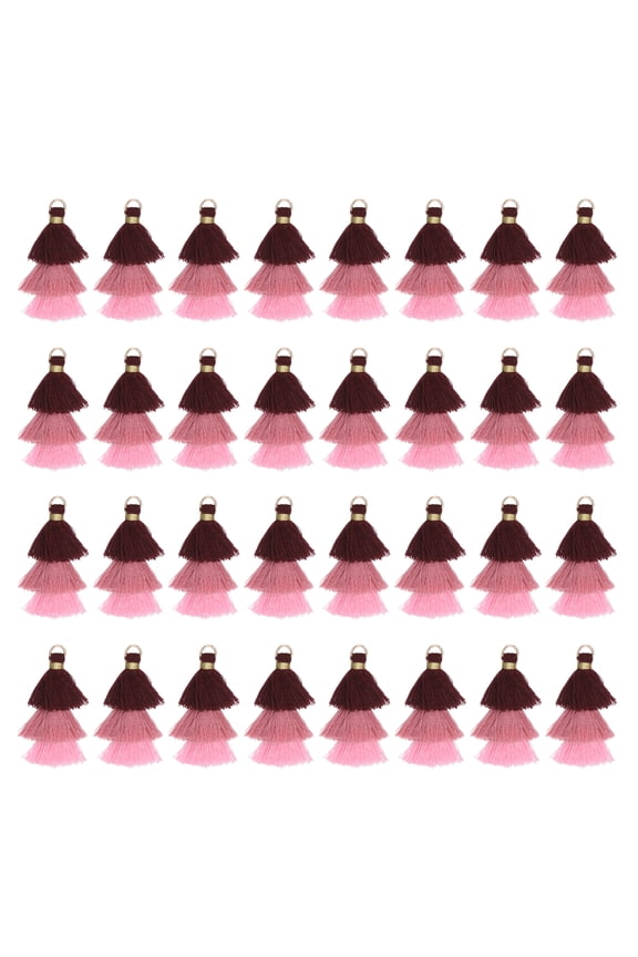 Mini Tri-Layered Tassels 1.6" Multi Layers Bohemian Handmade Tassel Bag Charm with Jump Ring for Making Earring Keychain Dreamcatcher DIY Crafts Pack of 50, Deep Red Pink