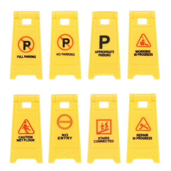 Uxcell Miniature Warning Sign, Park Service Status Signs, Plastic Street Scene Model Mini Floor Caution Sign, Perfect for Dollhouse Decor Role Play Construction Toy (Yellow, 8 Pcs)