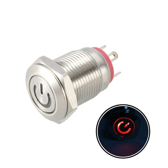 Uxcell Momentary Metal Push Button Switch Flat Head 12mm Mounting Dia 1NO 3-6V Red LED Light