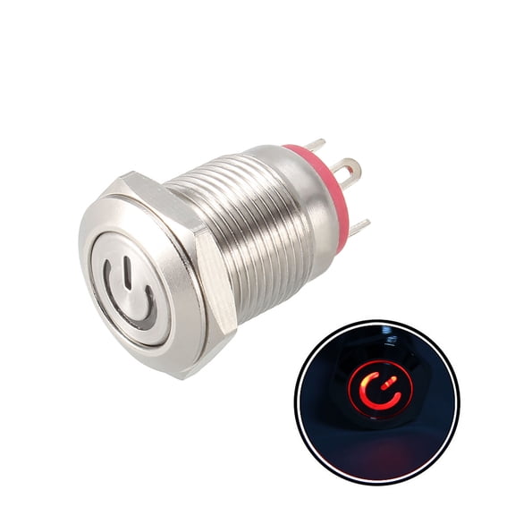 Uxcell Momentary Metal Push Button Switch Flat Head 12mm Mounting Dia 1NO 3-6V Red LED Light