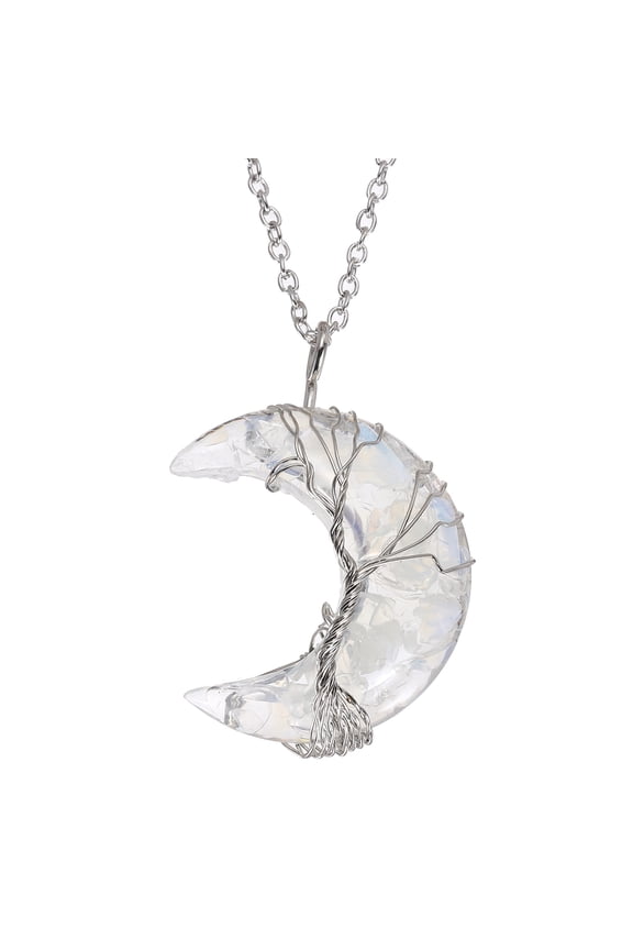 Moon Crystal Necklaces for Women, Tree Life Wire Wrapped Crescent Moon Pendant Necklace Natural Crystal Gemstone Necklaces with Box for Birthday Jewelry Gifts, Clear White