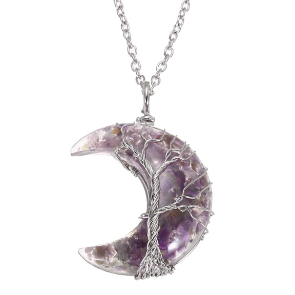 Uxcell Moon Crystal Necklaces for Women, Tree Life Wire Wrapped Crescent Moon Pendant Necklace Natural Crystal Gemstone Necklaces with Box for Birthday Jewelry Gifts, Purple