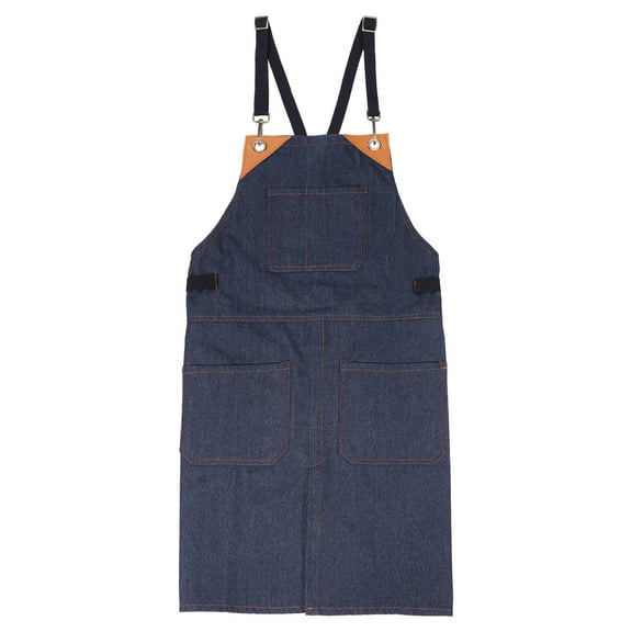Uxcell No-Tie Twill Apron 90x66cm Split-Leg Leather Reinforcement Adjustable Chef Apron with 6 Pockets, Blue