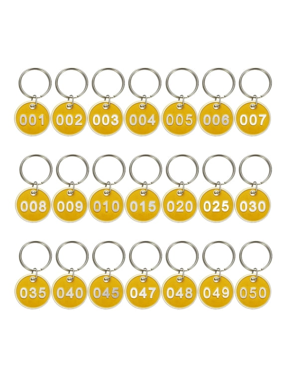 Number Key Tags 1-50, 30mm Round Aluminum Metal Number Tags with Key Rings, Yellow