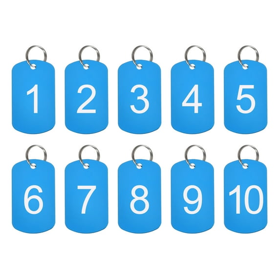 Uxcell Numbered Tag, Aluminum Key Tags Metal ID Tags, 1-10 Numbers with Ring Blue Rectangle for Decoration, Pack of 10