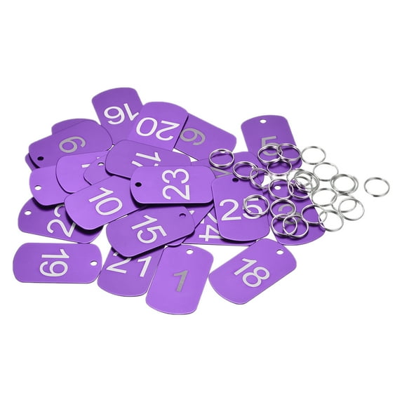 Uxcell Numbered Tag, Aluminum Key Tags Metal ID Tags, 1-25 Number with Ring Purple Rectangle for Decoration, Pack of 25