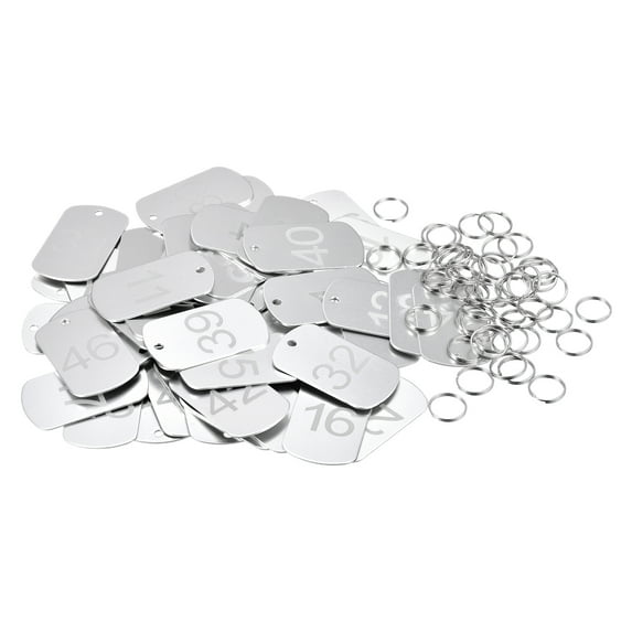 Uxcell Numbered Tag, Aluminum Key Tags Metal ID Tags, 1-50 Number with Ring Silver Tone Rectangle, Pack of 50