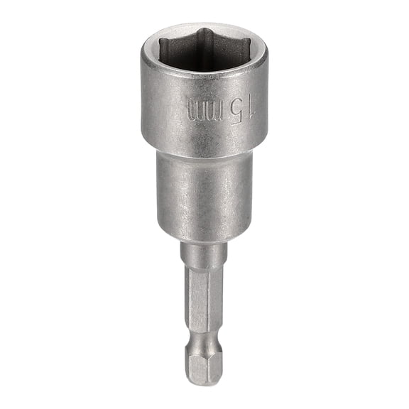 Uxcell Nut Driver Drill Bit 15mm Metric Socket 1/4" Hex Shank 2.56" (65mm) Magnetic 6-Point Sockets Quick Change Cr-V Steel Bolt Setters for Power Drill Drivers, Gray