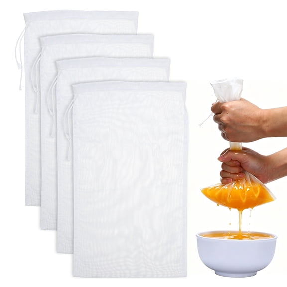 Uxcell Nylon Straining Bag 4 Pack, 11.81x7.87" Reusable Brew Bags Fine 200 Micron Mesh Drawstring Food Strainer Hop Brewing Mesh Strainer for Nut Milk Juice Cold Brew Wine Home Brewing