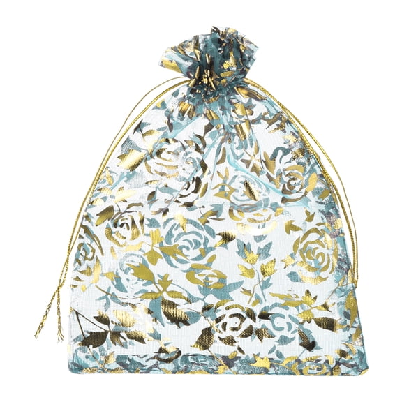 Uxcell Organza Bag, Sheer Flower Heart Mesh Bags Drawstring Gift Bags Bulk Party Favor Bag Jewelry Pouches Light Blue-Gold 4" x 6"