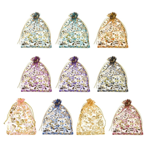 Uxcell Organza Bag, Sheer Flowers Heart Mesh Bags Drawstring Gift Bags Bulk Party Favor Bag Jewelry Pouches Multicolor-Gold 5" x 7"