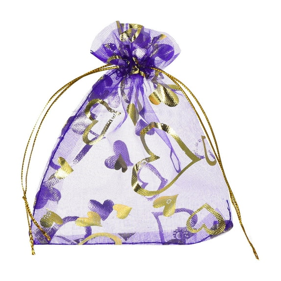 Uxcell Organza Bag, Sheer Heart Mesh Bags Drawstring Gift Bags Bulk Party Favor Bag Jewelry Pouches Light Purple-Gold 5" x 7"