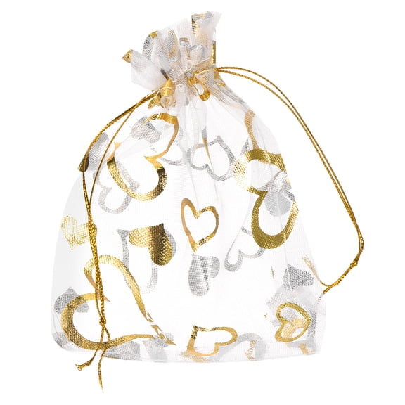 Uxcell Organza Bag, Sheer Heart Mesh Bags Drawstring Gift Bags Bulk Party Favor Bag Jewelry Pouches White-Gold 4" x 6"