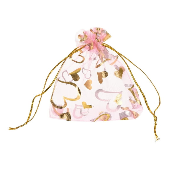 Organza Bag 3.5" x 4.7", Heart Mesh Bags Drawstring Gift Bags Party Favor Bag Jewelry Pouches Pink-Gold, 100Pcs